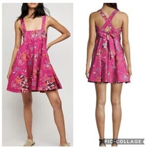 Free People NWT Let The Sunshine In Dress Large Pink Floral Tie Back Pockets